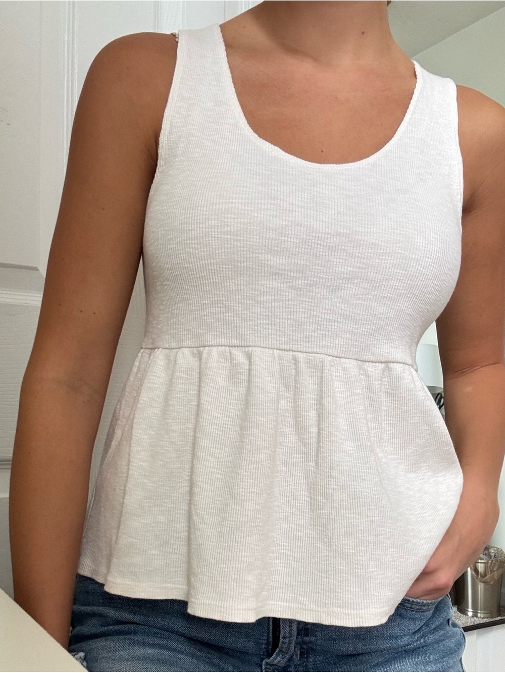 T. La Women's White Ribbed Peplum Tank Top